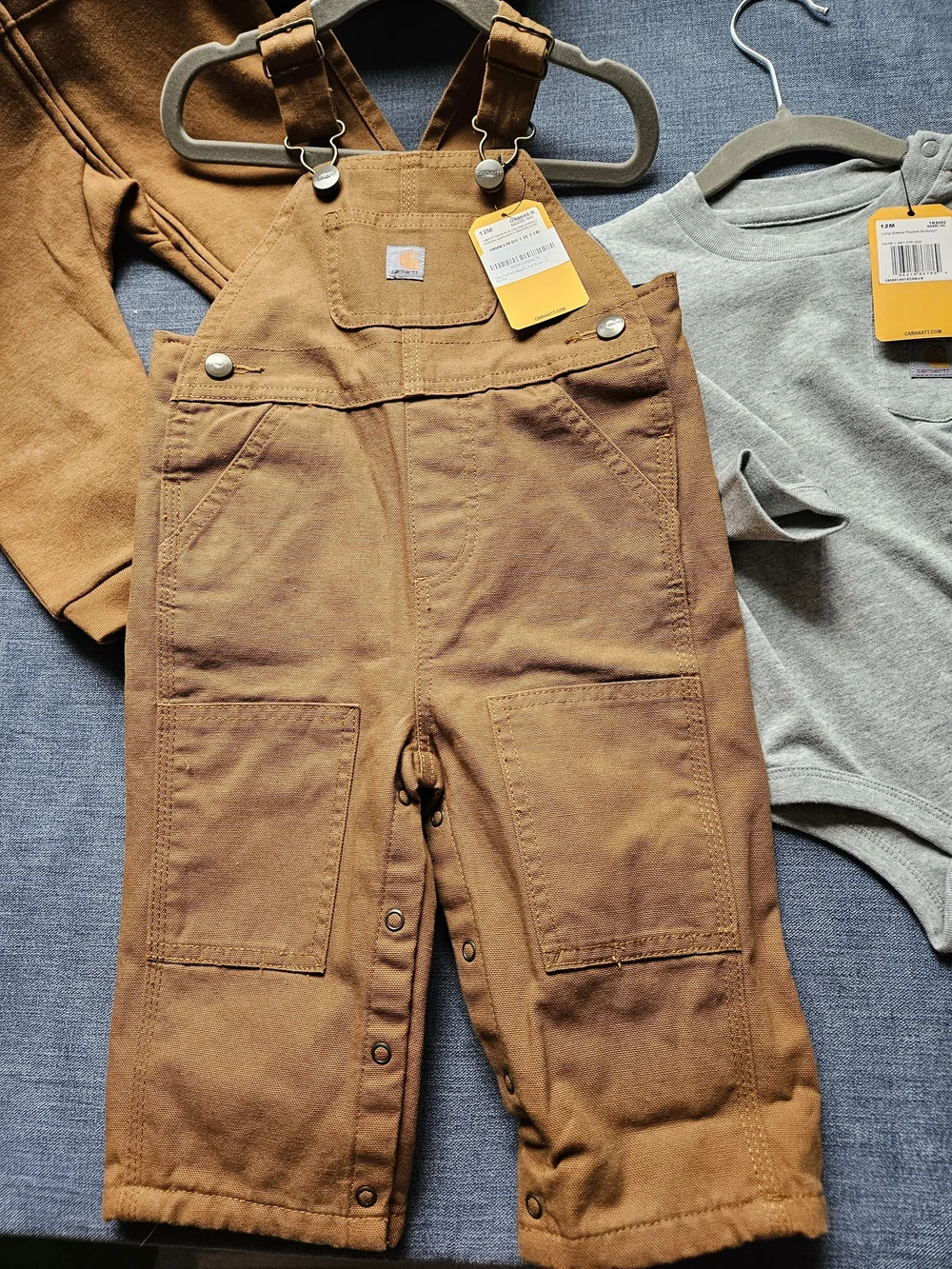 Carhartt 12 Month Boys Hooded Sweatshirt Onesie, Bib Overall & Gray Bodysuit Set